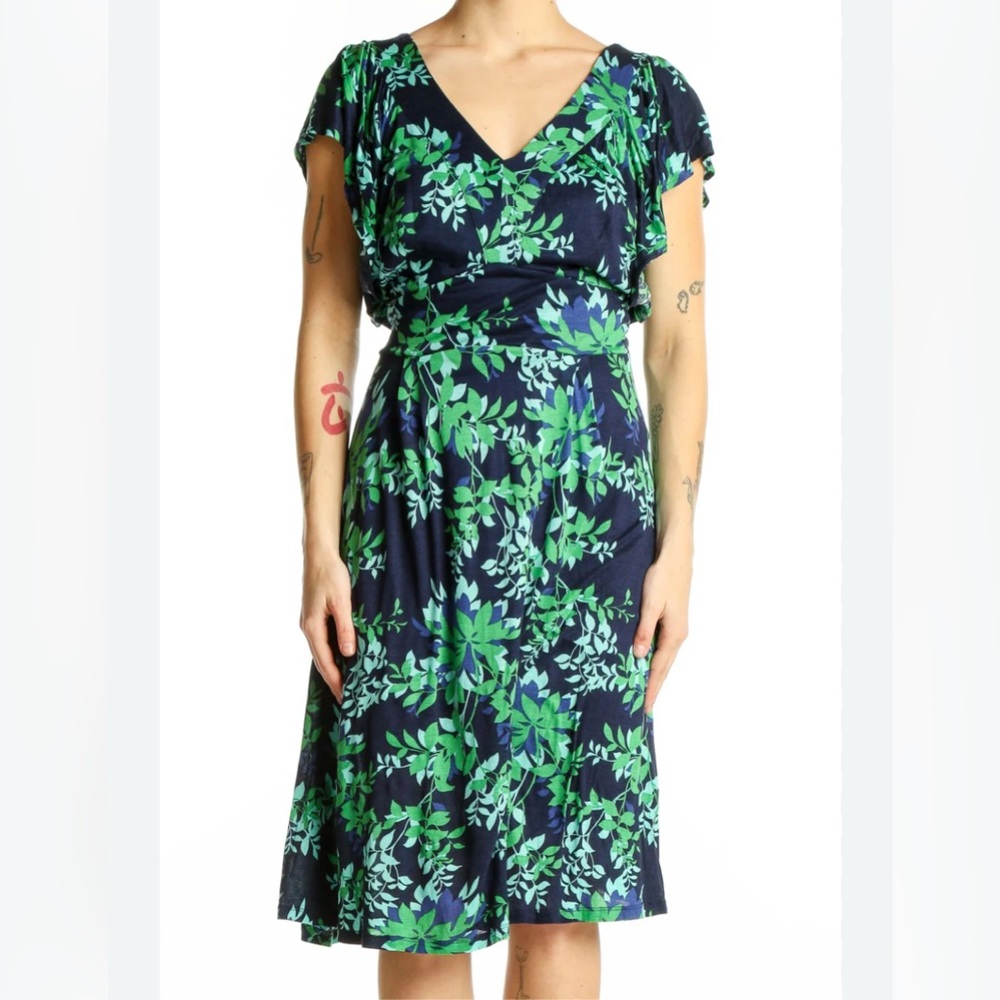 Boden women’s Floral Navy & Green flutter short sleeve knit Midi Dress V-neck 10